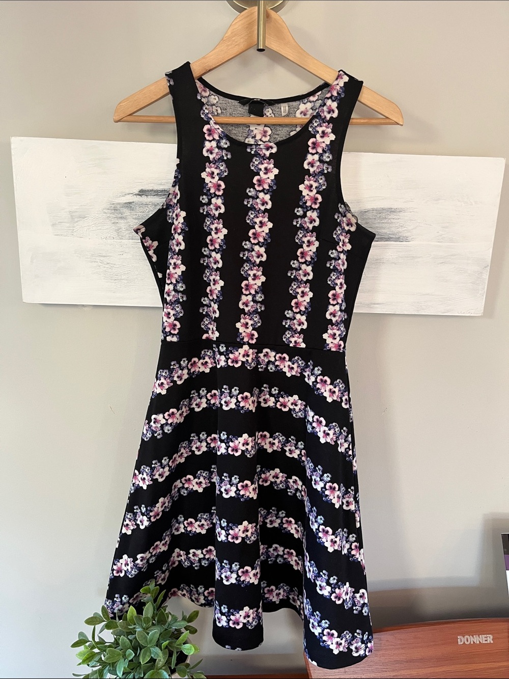 H&M Black Floral Striped Fit & Flare Dress